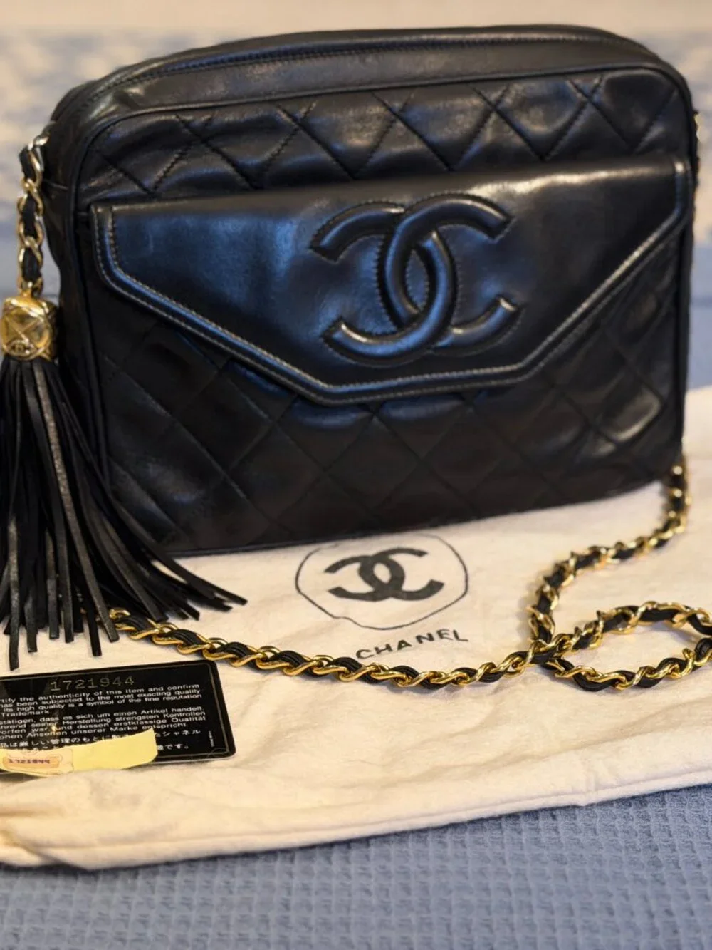 Vintage Chanel Camera Bag Black Lambskin Gold Tassel 1989-91 Card Dust Bag